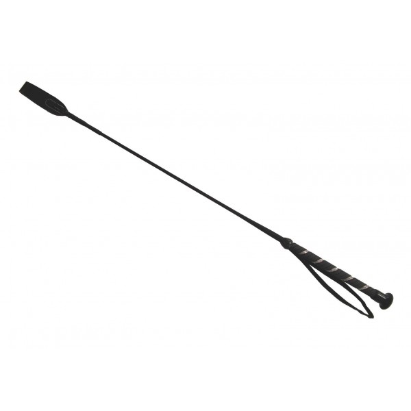 Schwarze Gerte mit Lederklatsche und Handschlaufe mit Glitzersteinen am Griff
