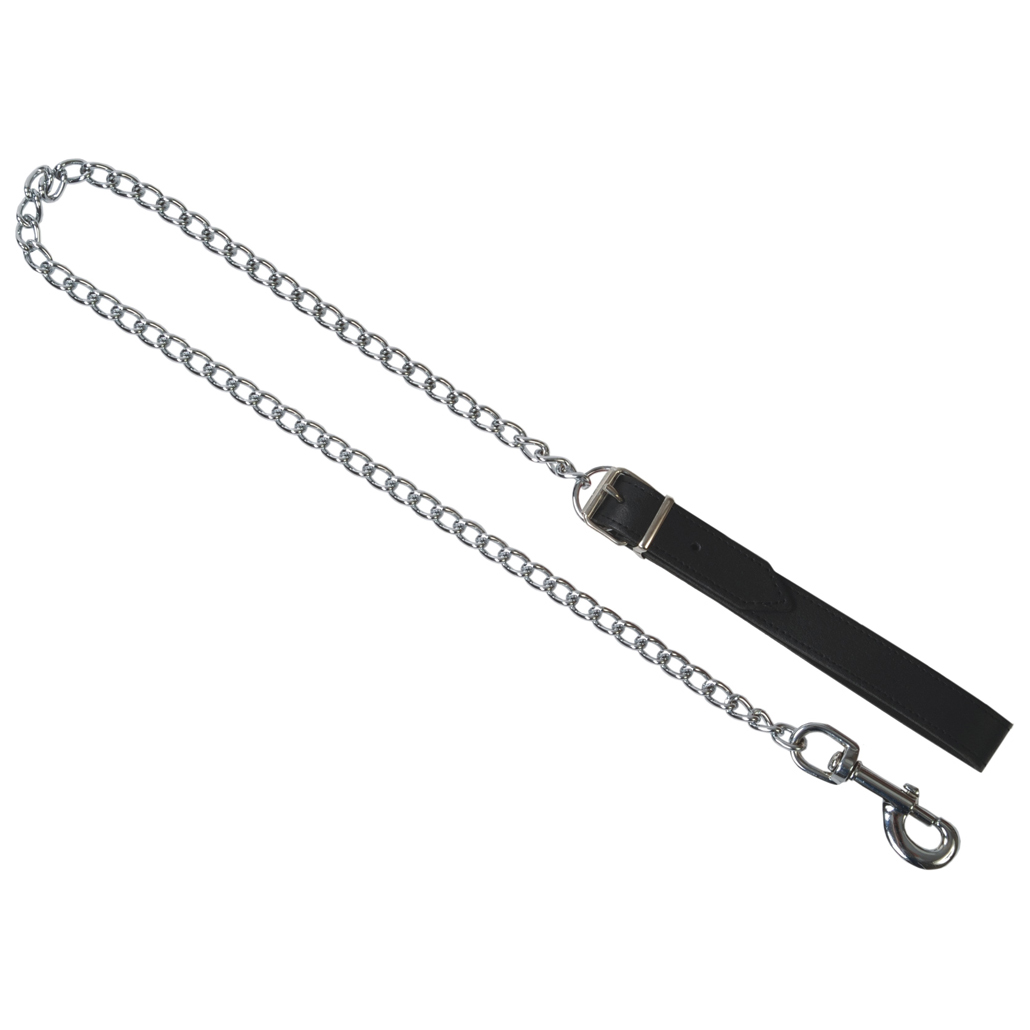 Führungsleine aus silberner dicken Kette und schwarzer Handschlaufe
