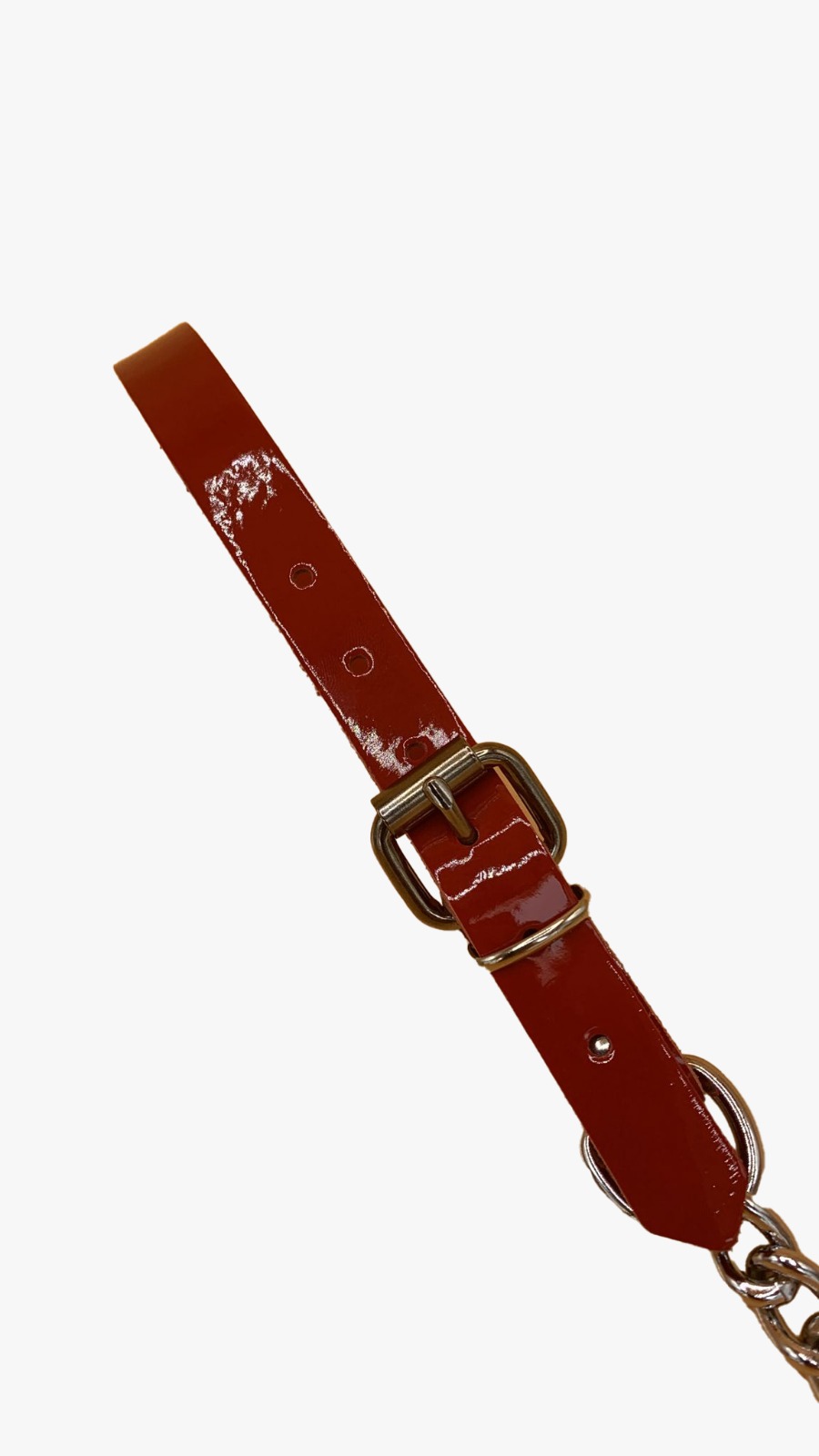 Rote Lacklederschlaufe von silberner Führungsleine zum öffnen