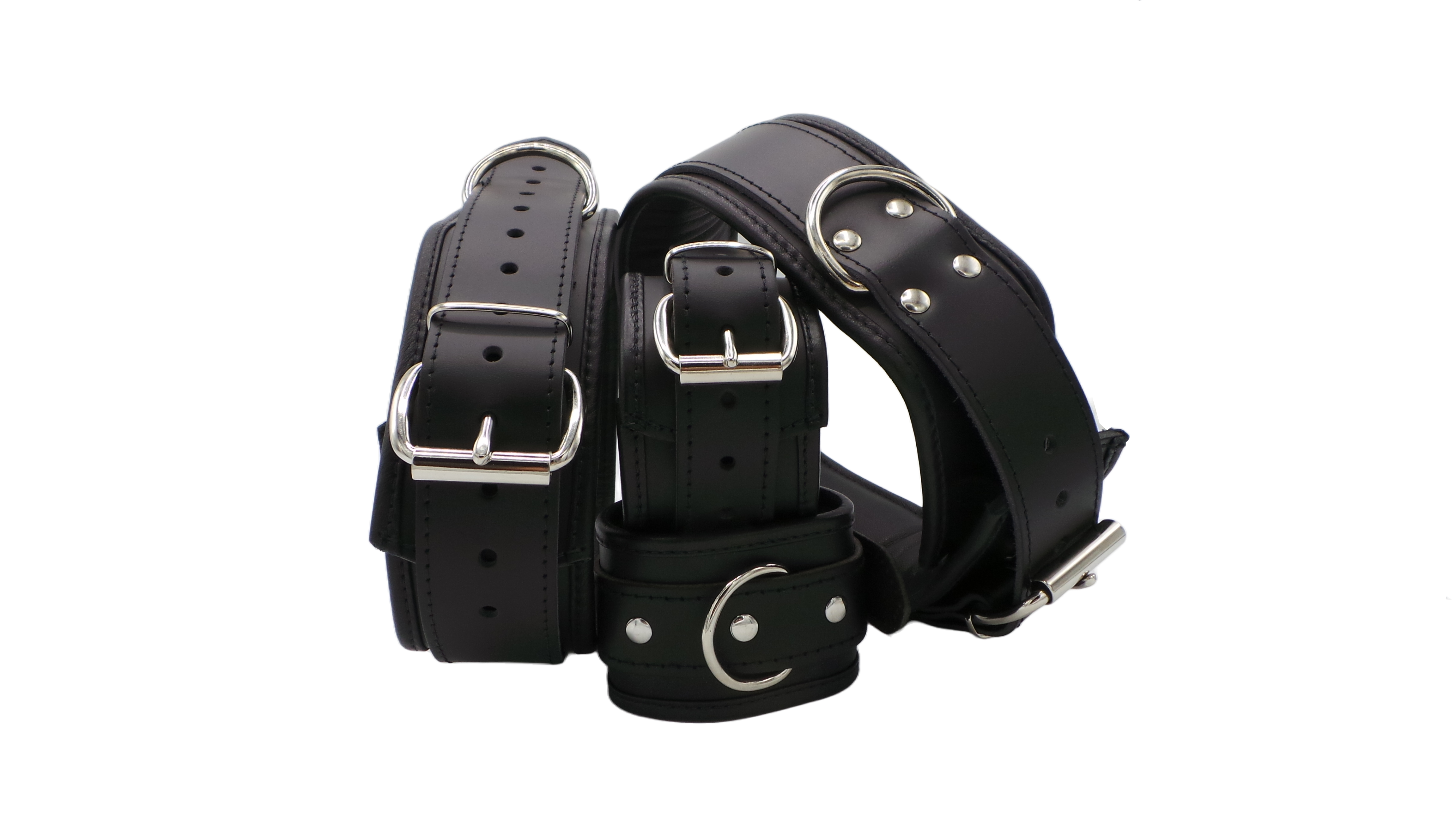Schwarze Oberschenkelfesseln mit Handfesseln im paar in schwarz pm-bodyleather.de