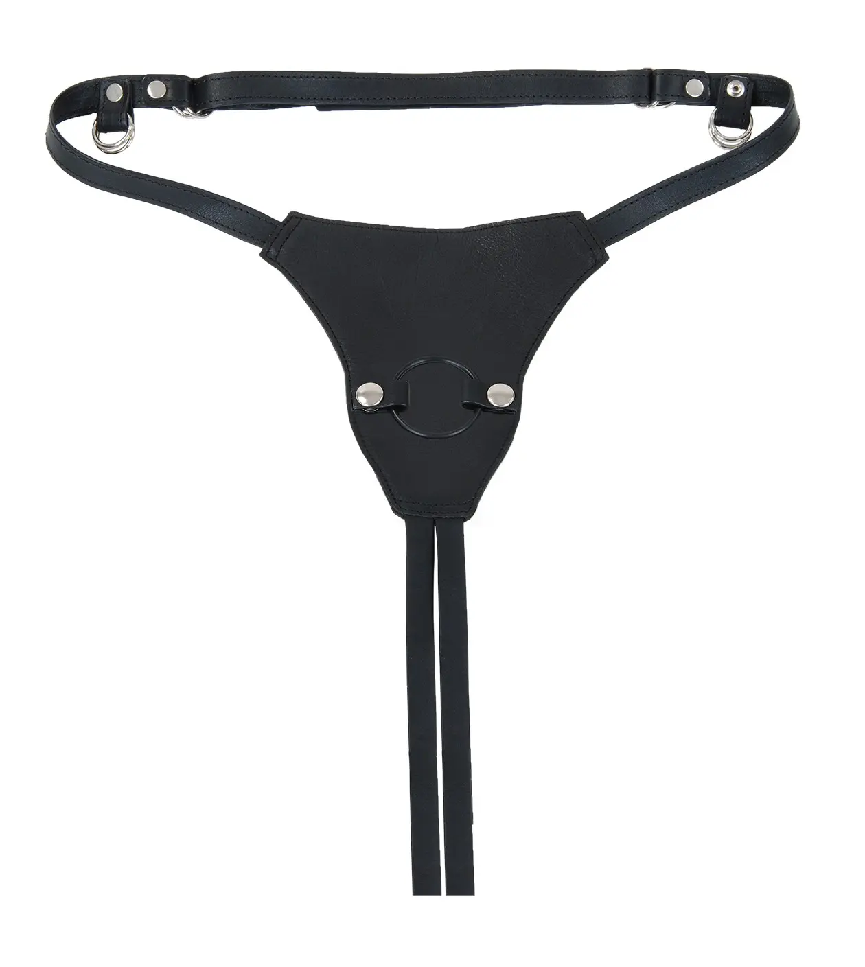 Schwarzer Leder Strap-on Harness mit schmalen Schrittriemen und austauschbarem Gummiring