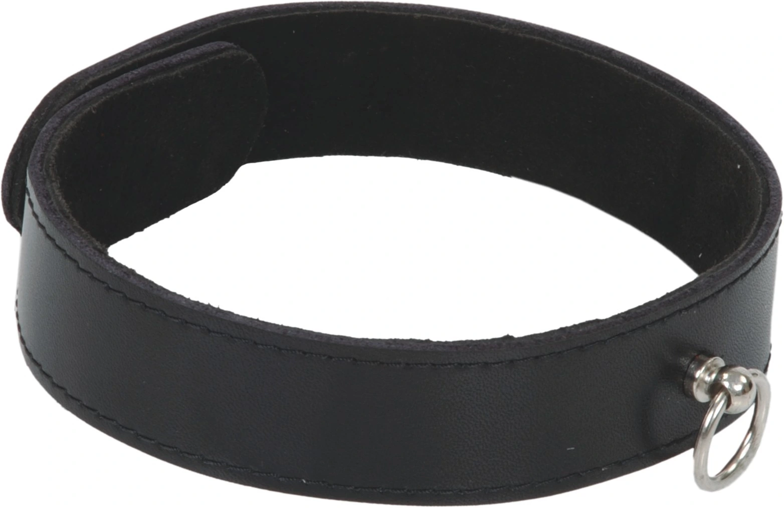 Schmales schwarzes Lederhalsband mit silbernem Ring der O und Druckknopfverschluss