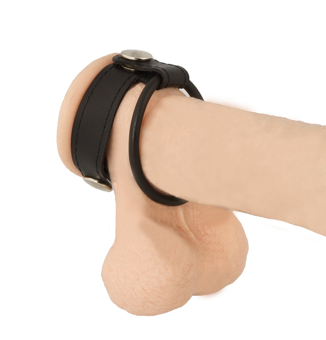 Hodenband mit Penisring aus Gummi am Dildo aus Echtleder in schwarz