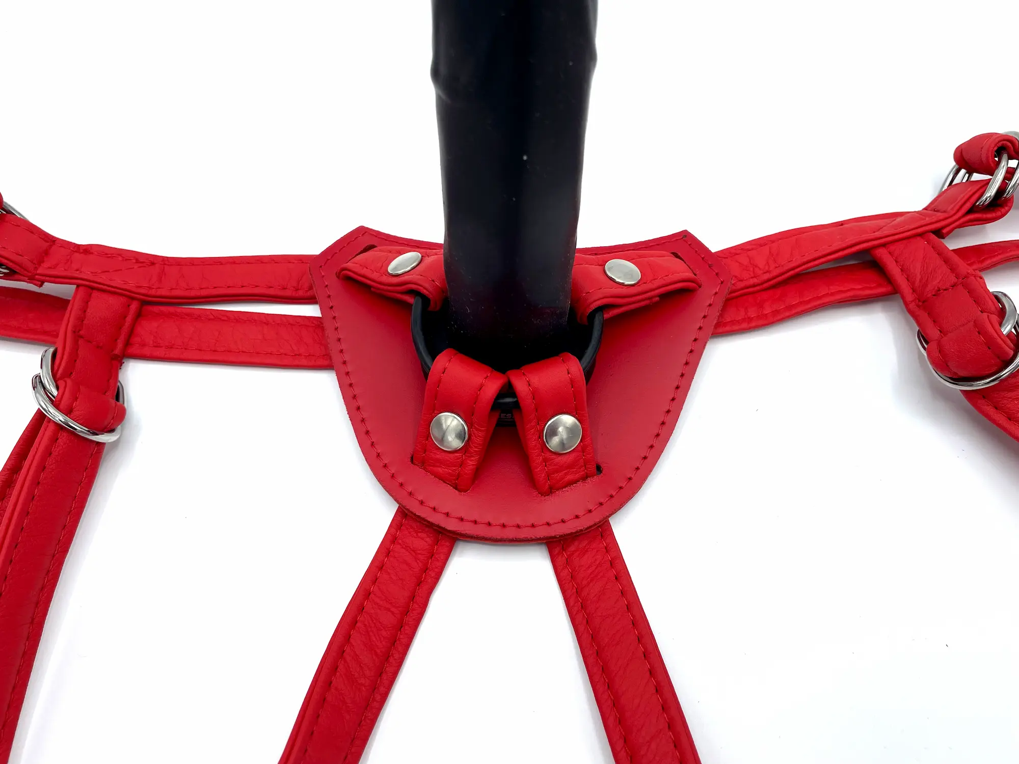 Roter Dildo Harness aus Rindsleder mit eingesetztem Dildo im Gummiring